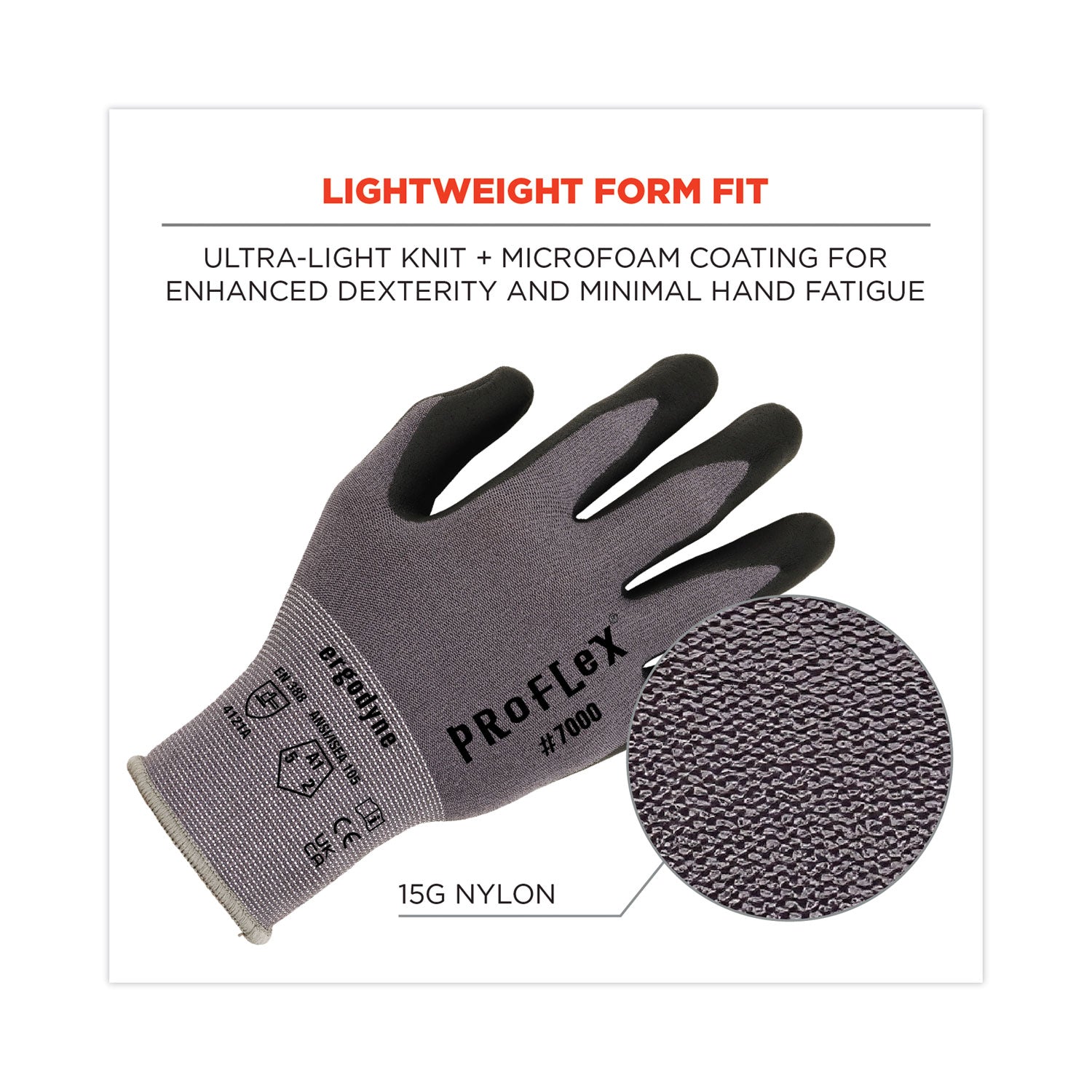 ergodyne ProFlex 7000 Nitrile-Coated Gloves Microfoam Palm, Gray, Small, 12 Pairs/Pack (10362)