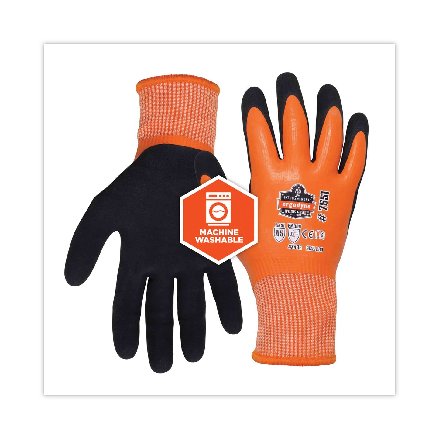 ergodyne ProFlex 7551 ANSI A5 Coated Waterproof CR Gloves, Orange, Large, Pair (17674)