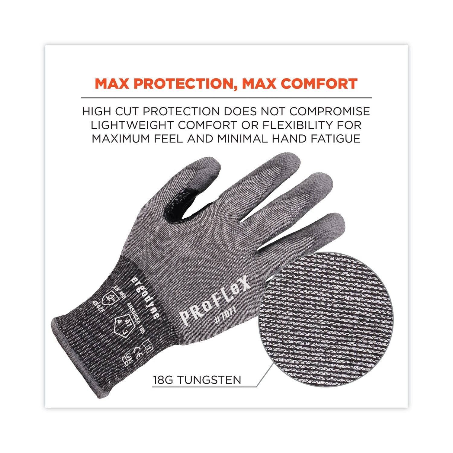 ergodyne ProFlex 7071 ANSI A7 PU Coated CR Gloves, Gray, Large, 12 Pairs/Pack (18064)