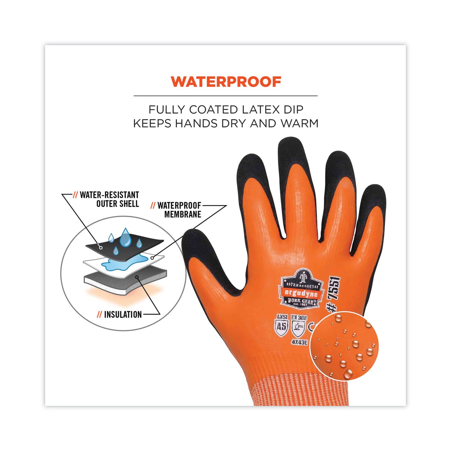 ergodyne ProFlex 7551 ANSI A5 Coated Waterproof CR Gloves, Orange, Large, Pair (17674)