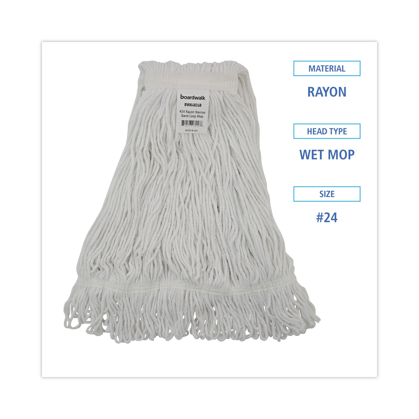 Boardwalk Pro Loop Web/Tailband Wet Mop Head, Rayon, #24 Size, White, 12/Carton (4024RCT)