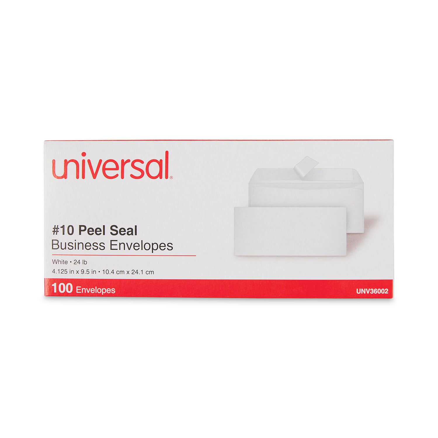 Universal Peel Seal Strip Business Envelope, #10, Square Flap, Self-Adhesive Closure, 4.13 x 9.5, White, 100/Box (36002)