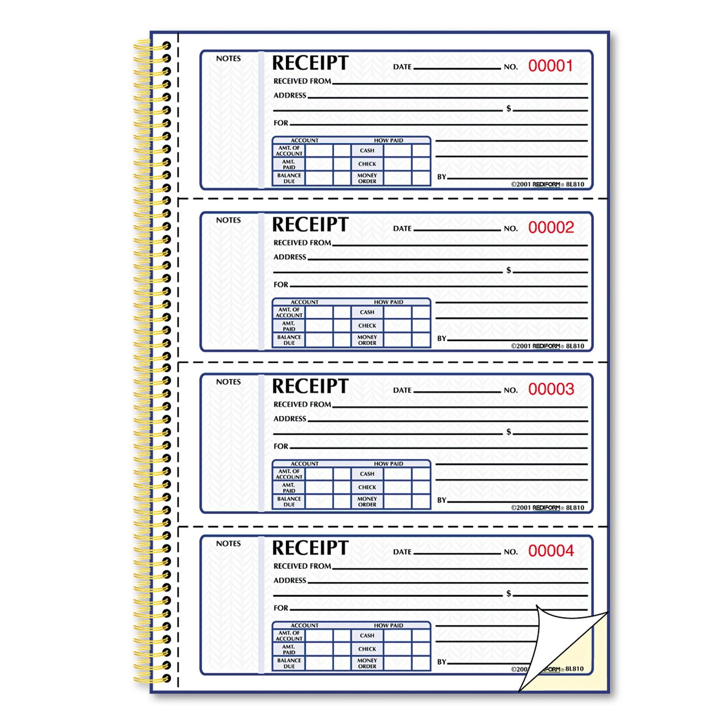 Rediform Gold Standard Money Receipt Book, Two-Part Carbonless, 7 x 2.75, 4 Forms/Sheet, 300 Forms Total (8L810)