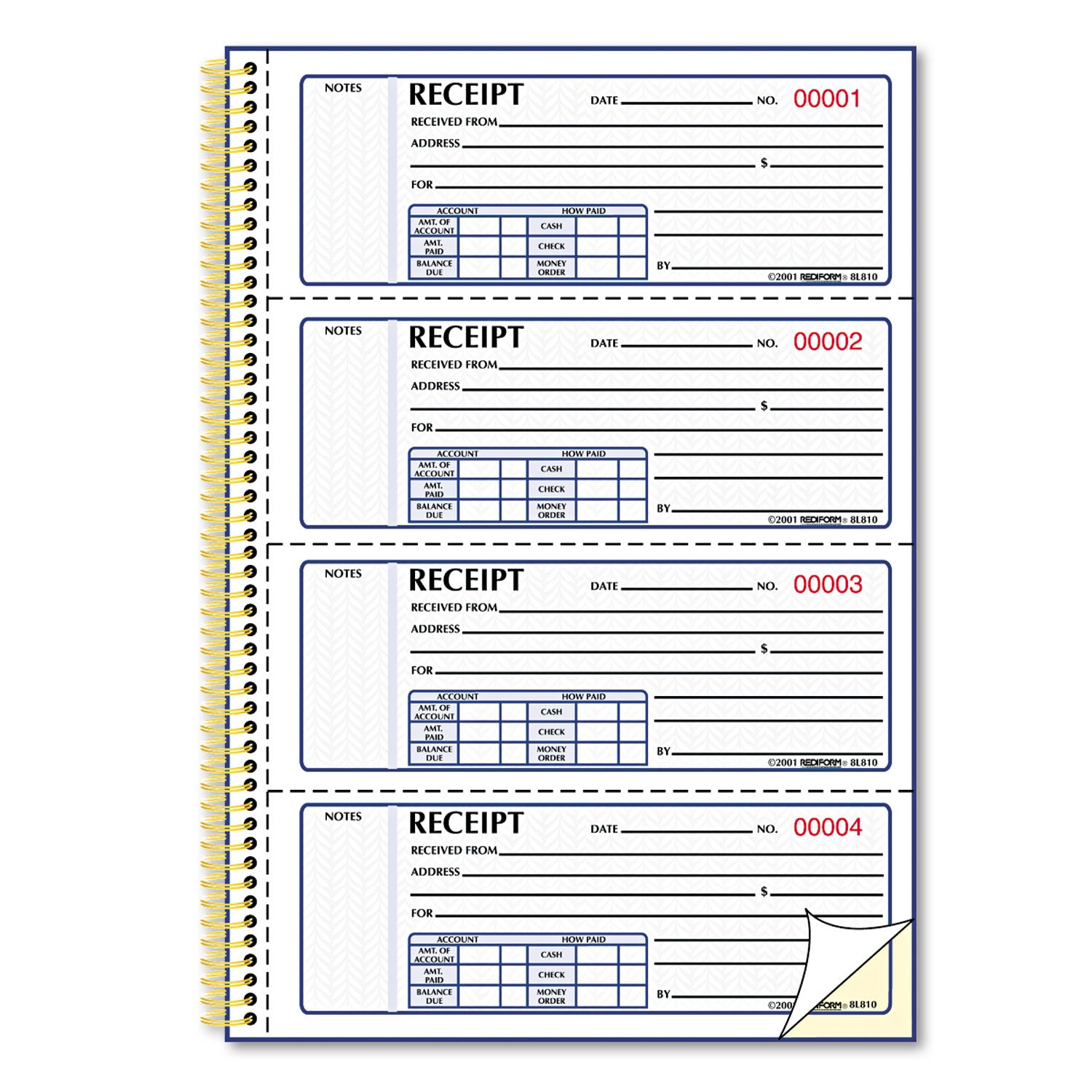 Rediform Gold Standard Money Receipt Book, Two-Part Carbonless, 7 x 2.75, 4 Forms/Sheet, 300 Forms Total (8L810)