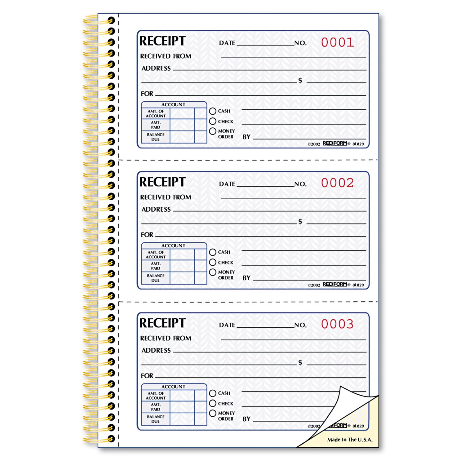 Rediform Gold Standard Money Receipt Book, Two-Part Carbonless, 5 x 2.75, 3 Forms/Sheet, 225 Forms Total (8L829)