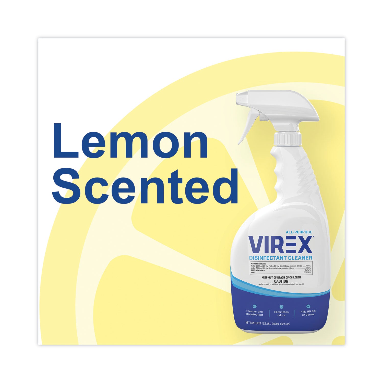 Diversey Virex All-Purpose Disinfectant Cleaner, Lemon Scent, 32 oz Spray Bottle, 4/Carton (CBD540540)