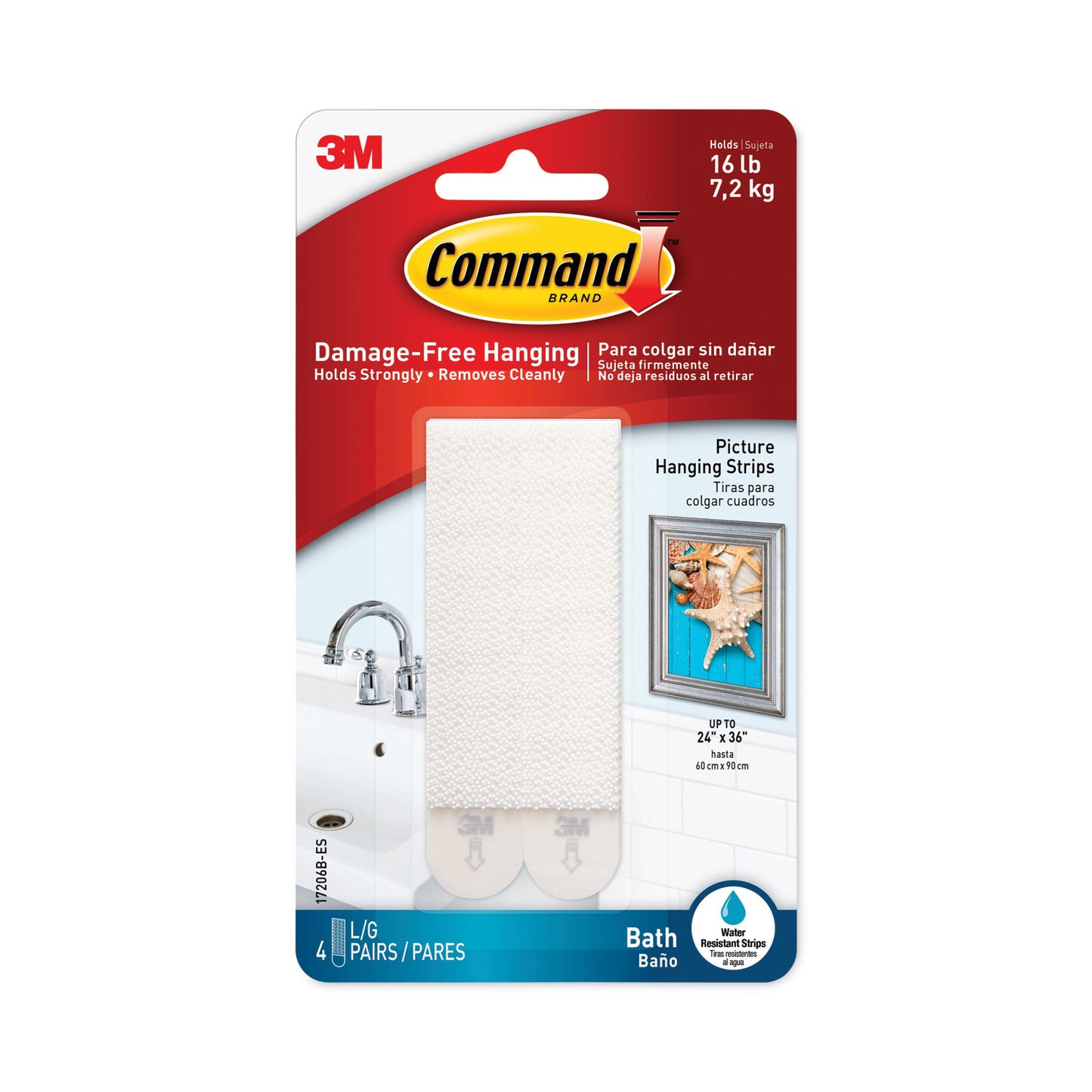 Command Bath Picture Hanging Strips, Large, Removable, Holds Up to 4 lbs per Pair, 0.75 x 3.65, White, 4 Pairs/Pack (17206BES)