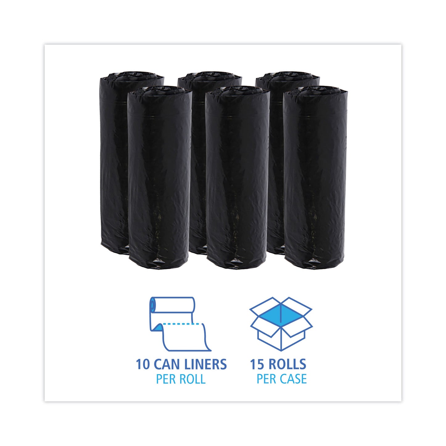 Boardwalk Low-Density Waste Can Liners, 16 gal, 1 mil, 24" x 32", Black, Perforated Roll, 10 Bags/Roll, 15 Rolls/Carton (510)