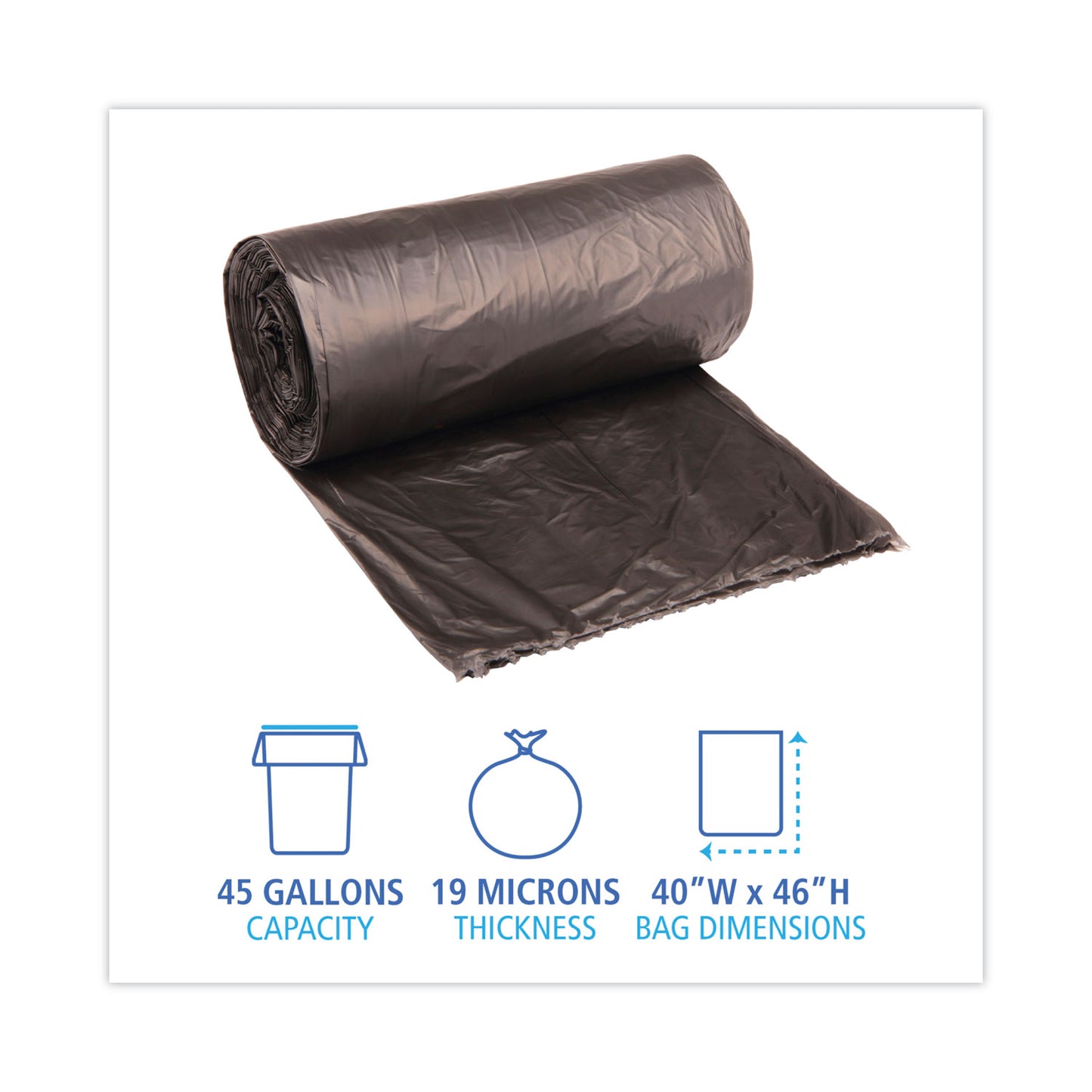 Boardwalk High-Density Can Liners, 45 gal, 19 mic, 40" x 46", Black, Perforated Roll, 25 Bags/Roll, 6 Rolls/Carton (404622BLK)