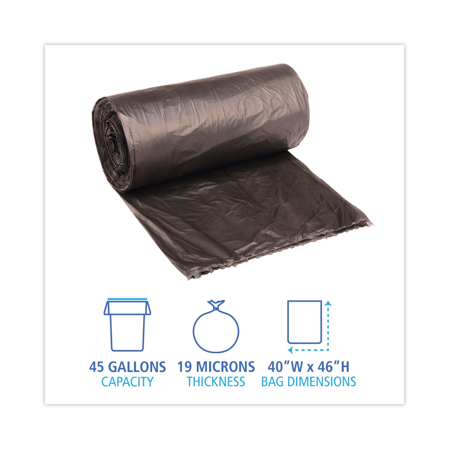 Boardwalk High-Density Can Liners, 45 gal, 19 mic, 40" x 46", Black, Perforated Roll, 25 Bags/Roll, 6 Rolls/Carton (404622BLK)