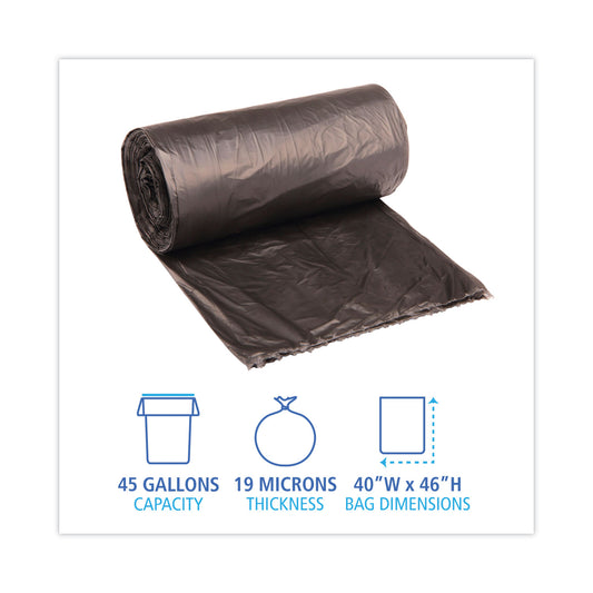 Boardwalk High-Density Can Liners, 45 gal, 19 mic, 40" x 46", Black, Perforated Roll, 25 Bags/Roll, 6 Rolls/Carton (404622BLK)