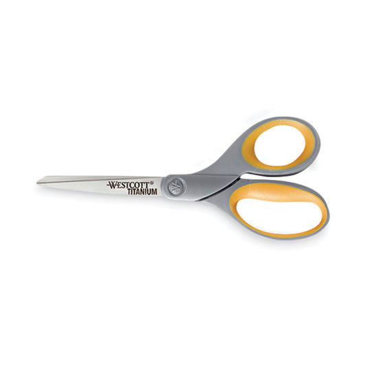 Westcott Titanium Bonded Scissors, 8" Long, 3.5" Cut Length, Straight Gray/Yellow Handle, 3/Box (17532)