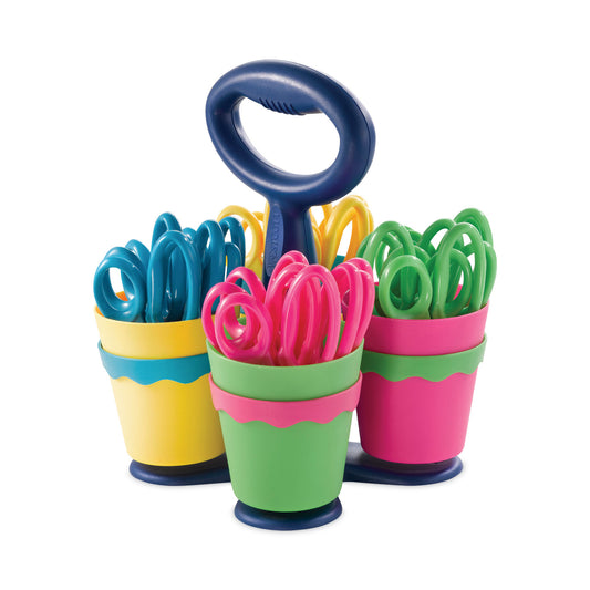 Westcott Scissor Caddy with Kids' Scissors, Pointed Tip, 5" Long, 2" Cut Length, Straight Assorted Color Handles, 24/Set (14755)