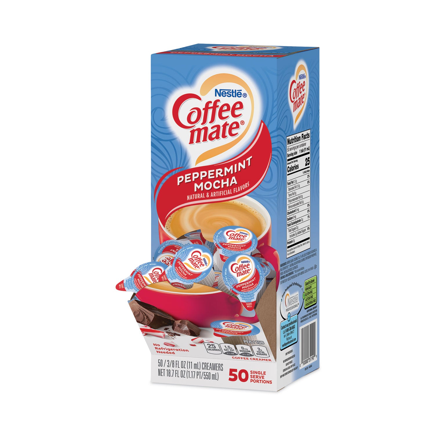 Coffee-mate Liquid Coffee Creamer, Peppermint Mocha, 0.38 oz Mini Cups, 50/Box, 4 Boxes/Carton, 200 Total/Carton (76060CT)