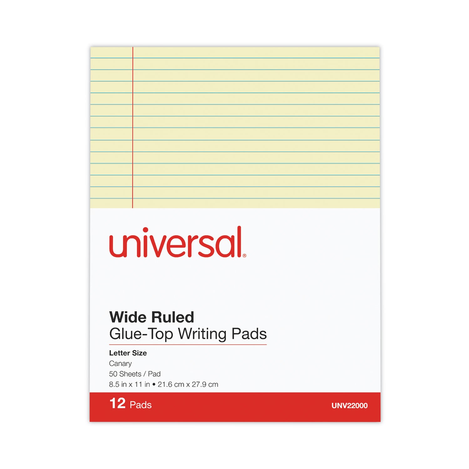 Universal Glue Top Pads, Wide/Legal Rule, 50 Canary-Yellow 8.5 x 11 Sheets, Dozen (22000)