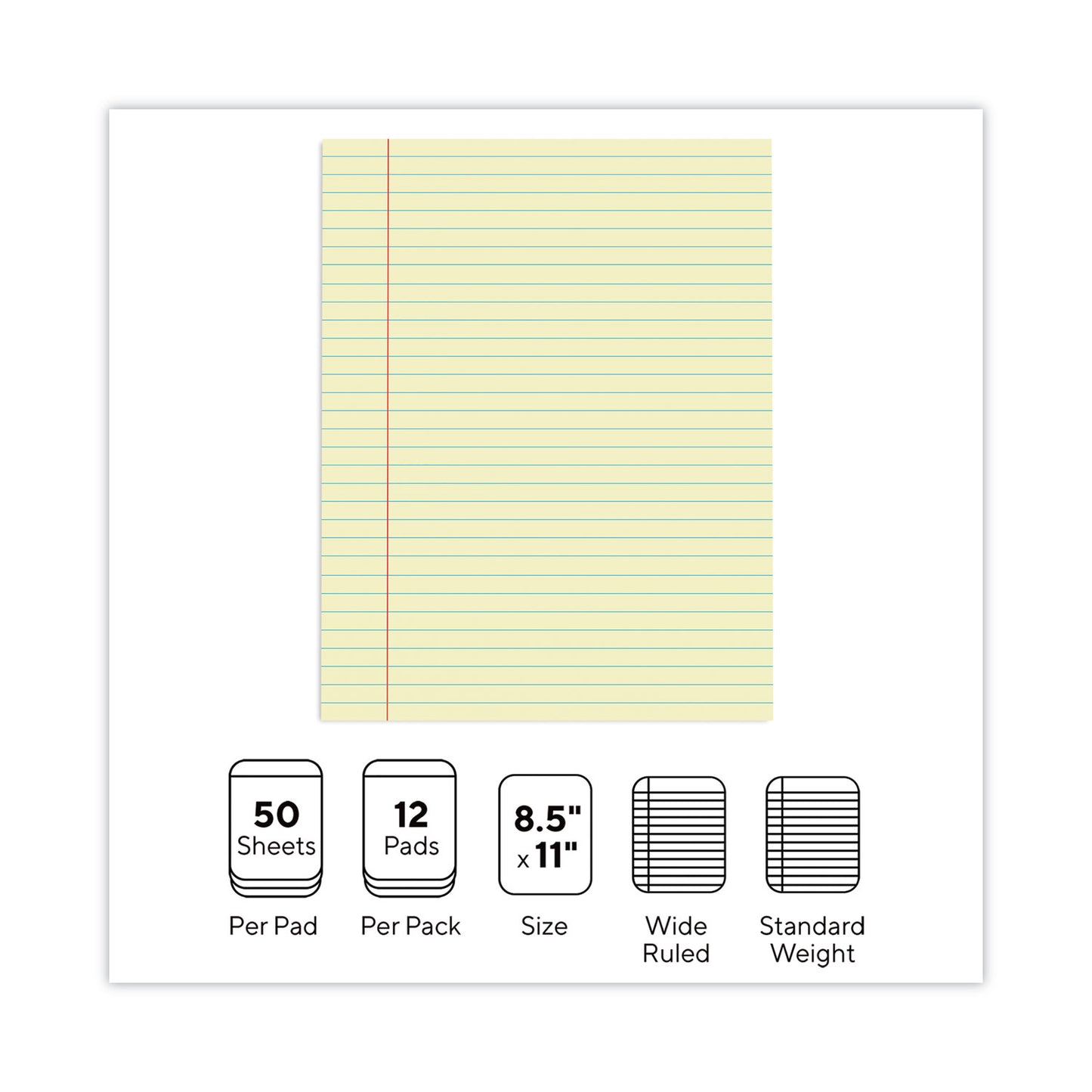 Universal Glue Top Pads, Wide/Legal Rule, 50 Canary-Yellow 8.5 x 11 Sheets, Dozen (22000)