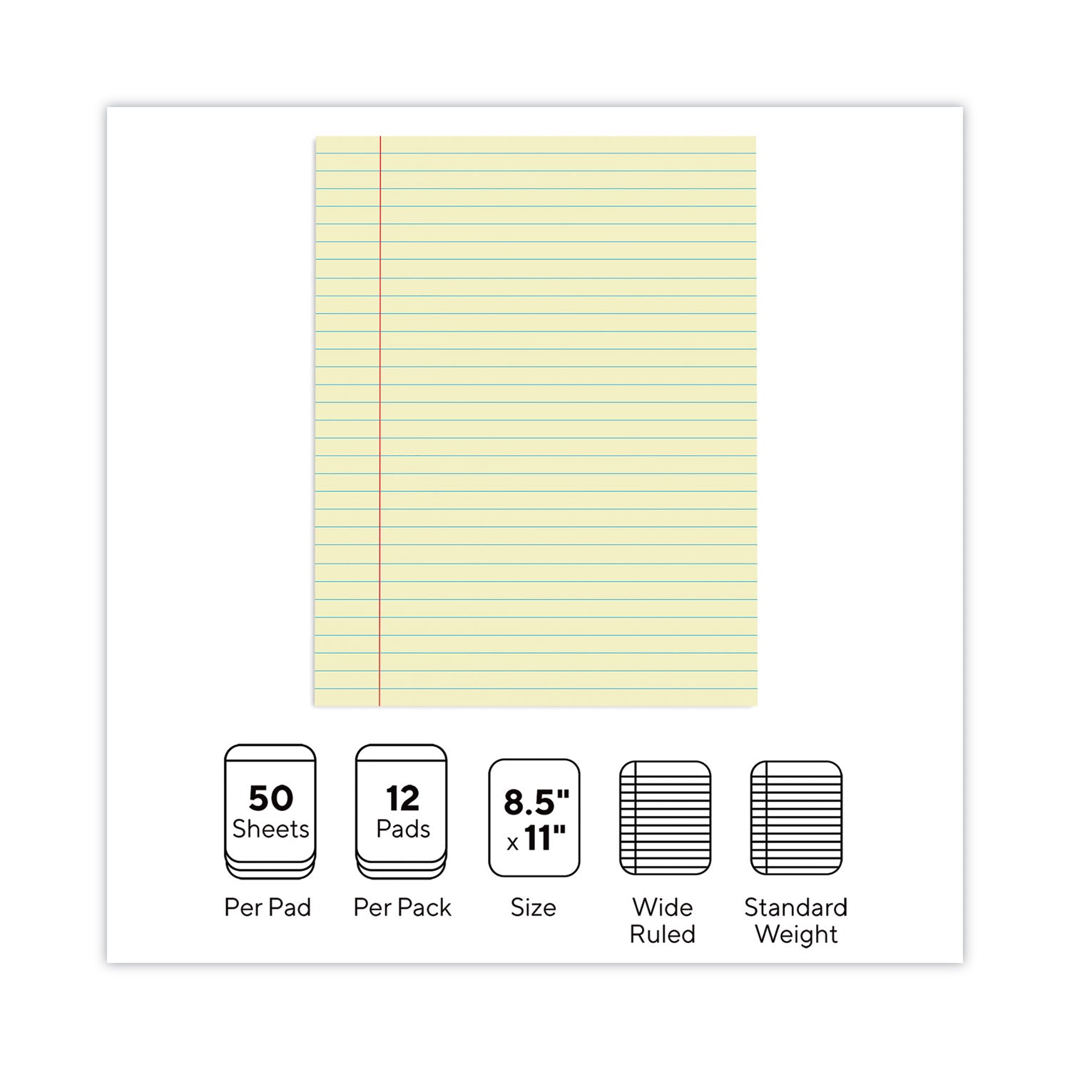 Universal Glue Top Pads, Wide/Legal Rule, 50 Canary-Yellow 8.5 x 11 Sheets, Dozen (22000)