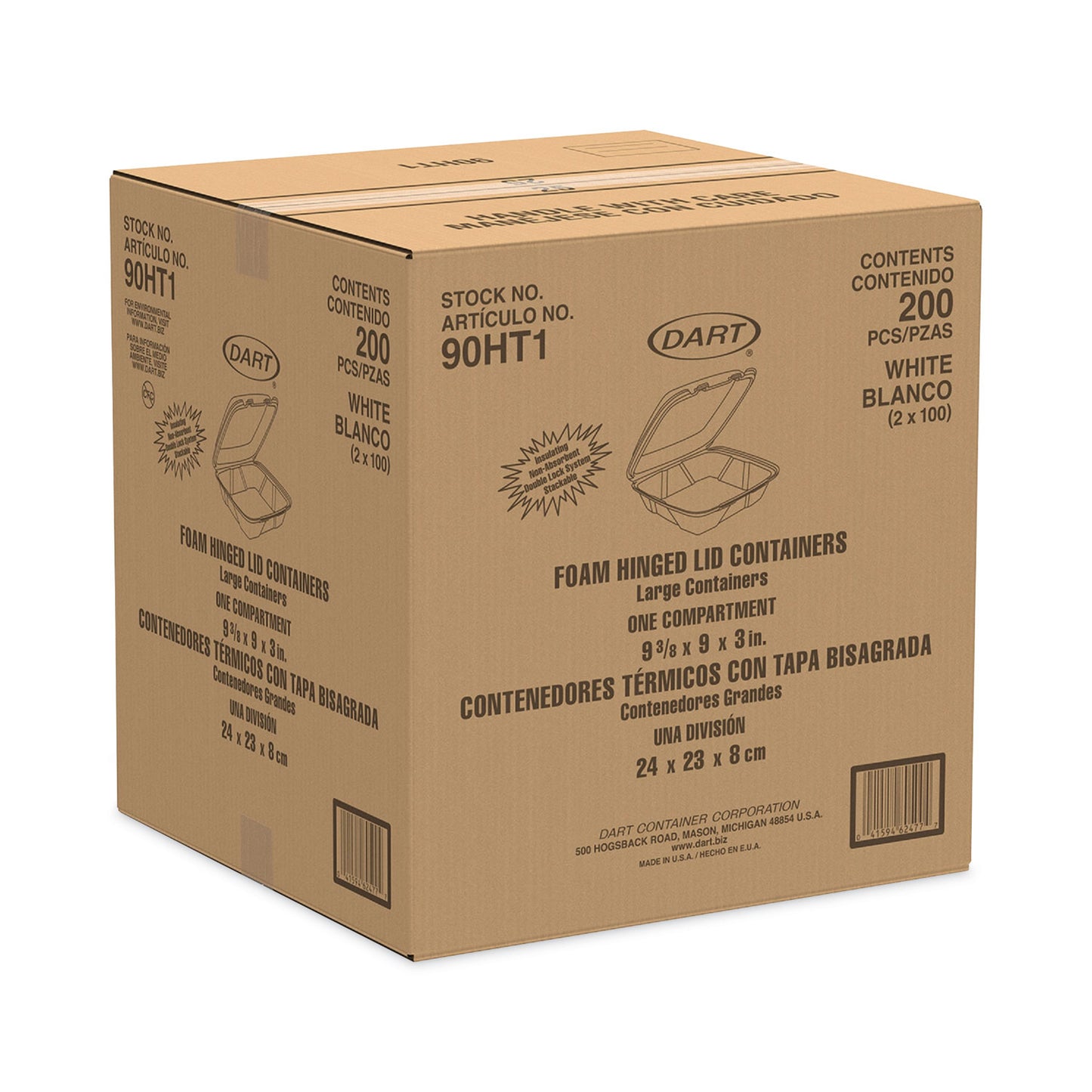 Dart Insulated Foam Hinged Lid Containers, 1-Compartment, 9.01 x 9.4 x 3, White, 100/Pack, 2 Packs/Carton (90HT1)