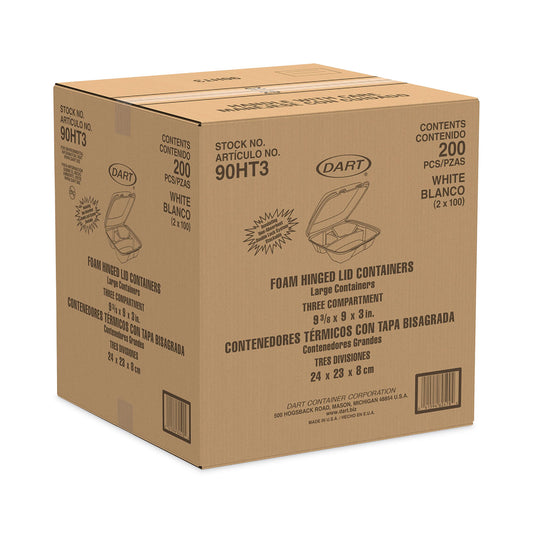 Dart Insulated Foam Hinged Lid Containers, 3-Compartment, 9 x 9.4 x 3, White, 200/Pack, 2 Packs/Carton (90HT3)