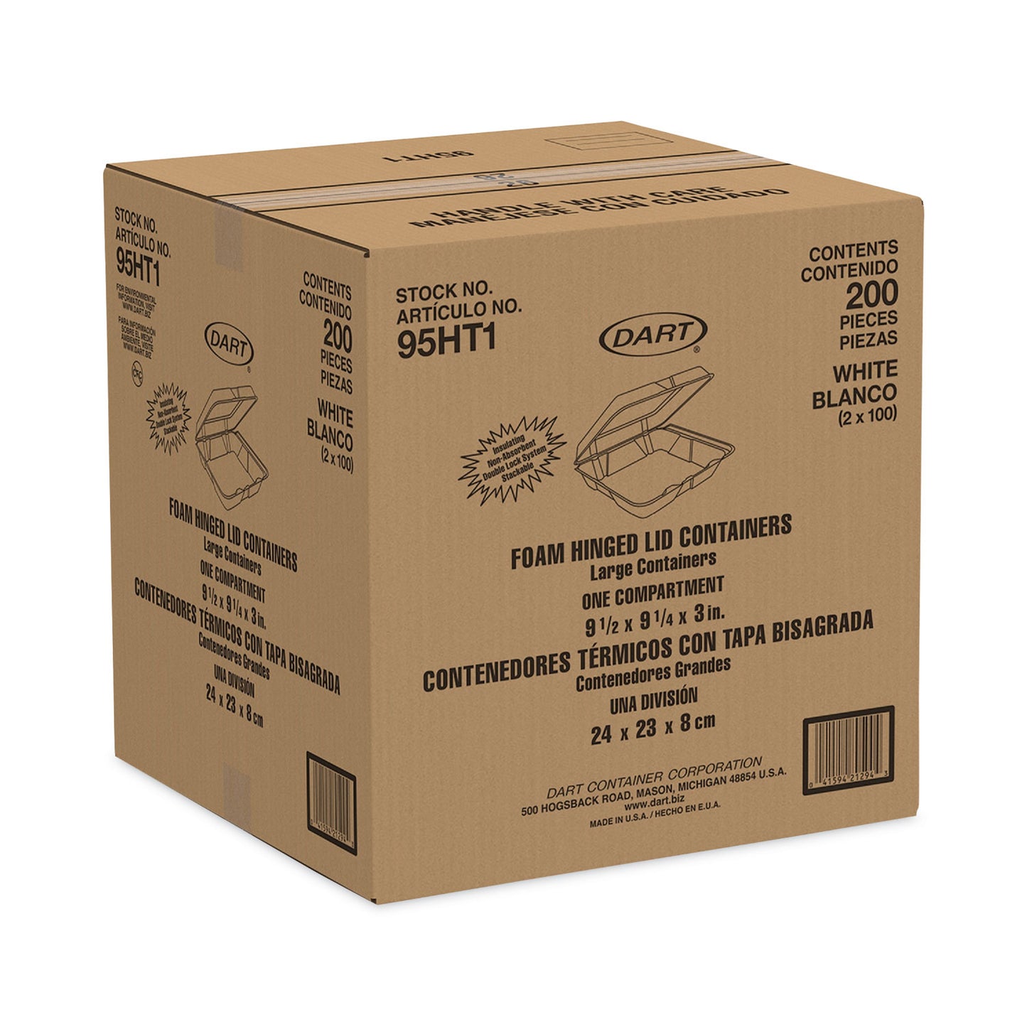 Dart Insulated Foam Hinged Lid Containers, 1-Compartment, 9.3 x 9.5 x 3, White, 200/Pack, 2 Packs/Carton (95HT1)