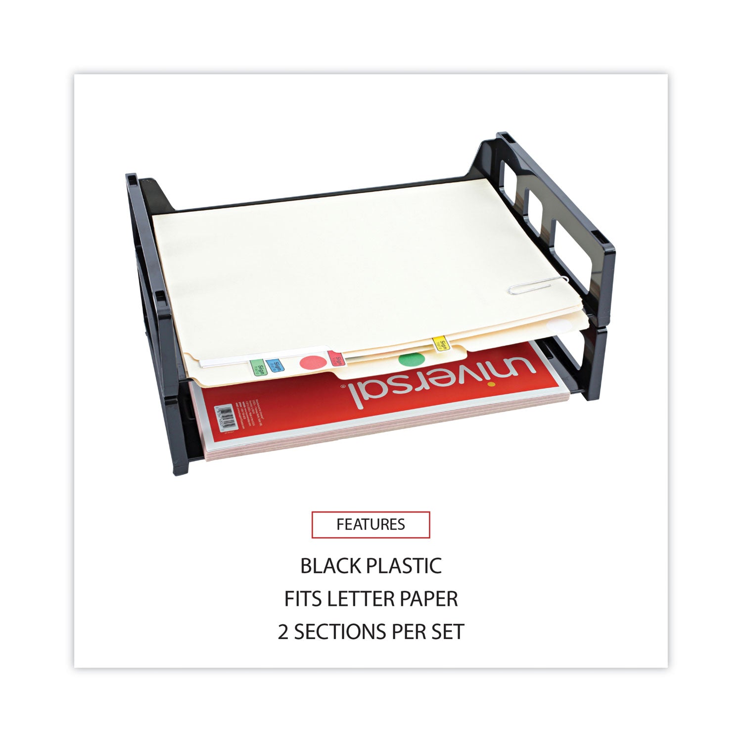 Universal Recycled Plastic Side Load Desk Trays, 2 Sections, Letter Size Files, 13" x 9" x 2.75", Black (08100)
