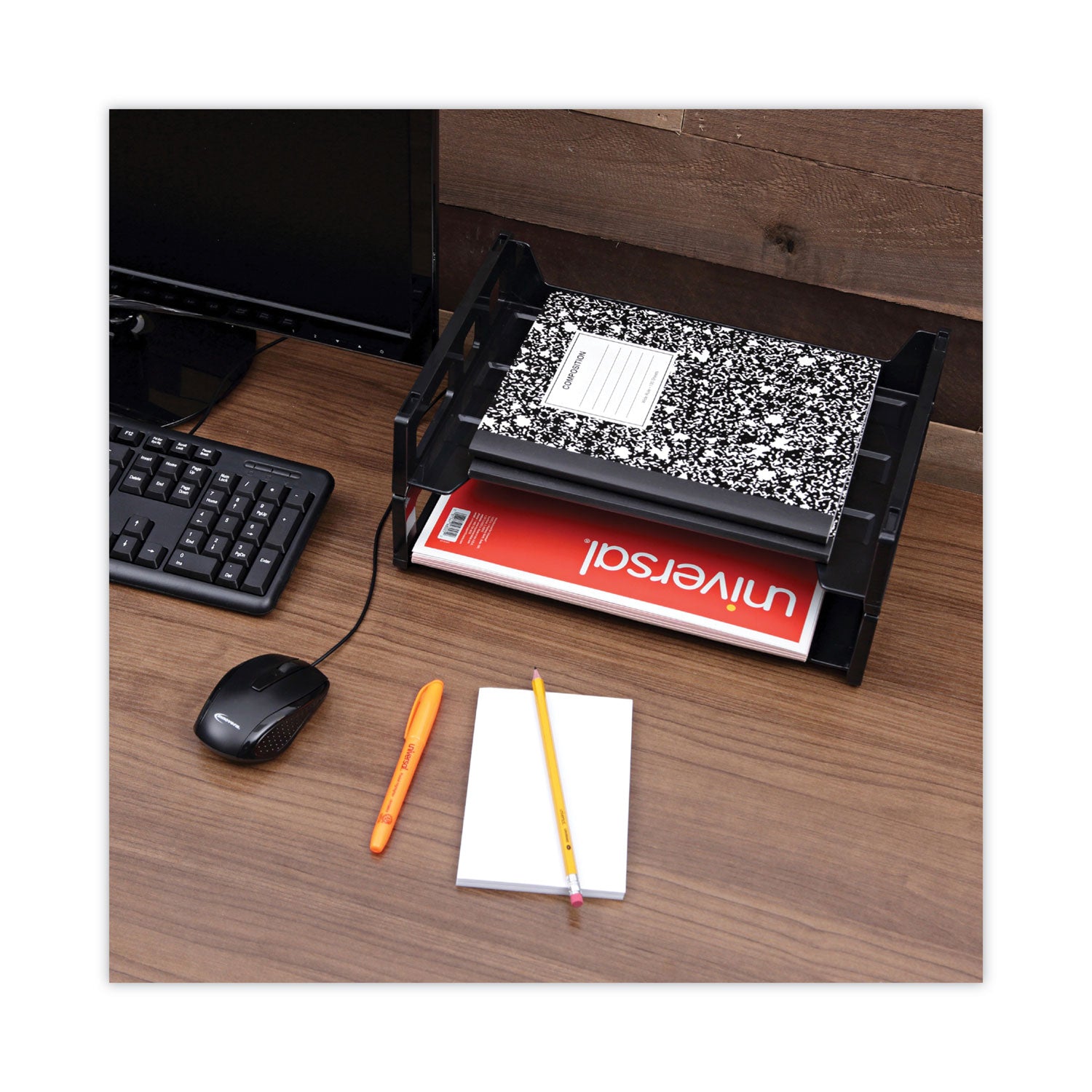 Universal Recycled Plastic Side Load Desk Trays, 2 Sections, Letter Size Files, 13" x 9" x 2.75", Black (08100)