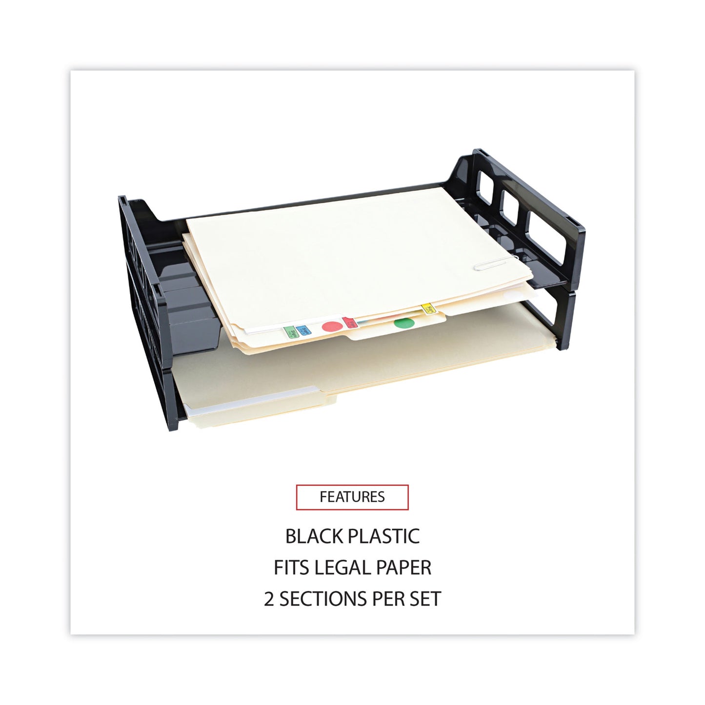 Universal Recycled Plastic Side Load Desk Trays, 2 Sections, Legal Size Files, 16.25" x 9" x 2.75", Black (08101)