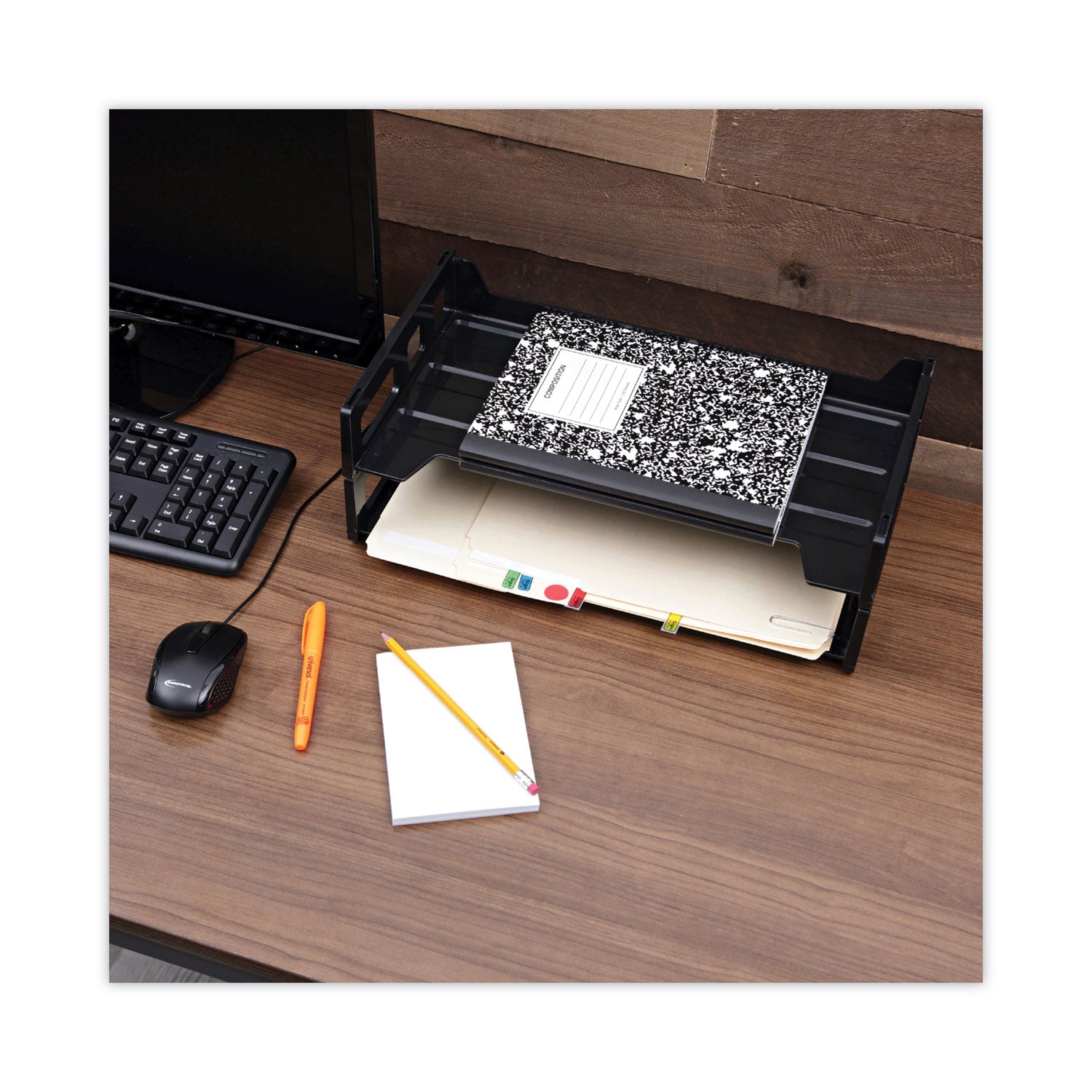 Universal Recycled Plastic Side Load Desk Trays, 2 Sections, Legal Size Files, 16.25" x 9" x 2.75", Black (08101)