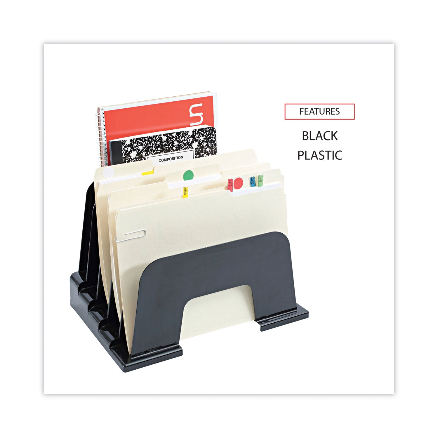 Universal Recycled Plastic Incline Sorter, 5 Sections, Letter Size Files, 13.25" x 9" x 9", Black (08105)