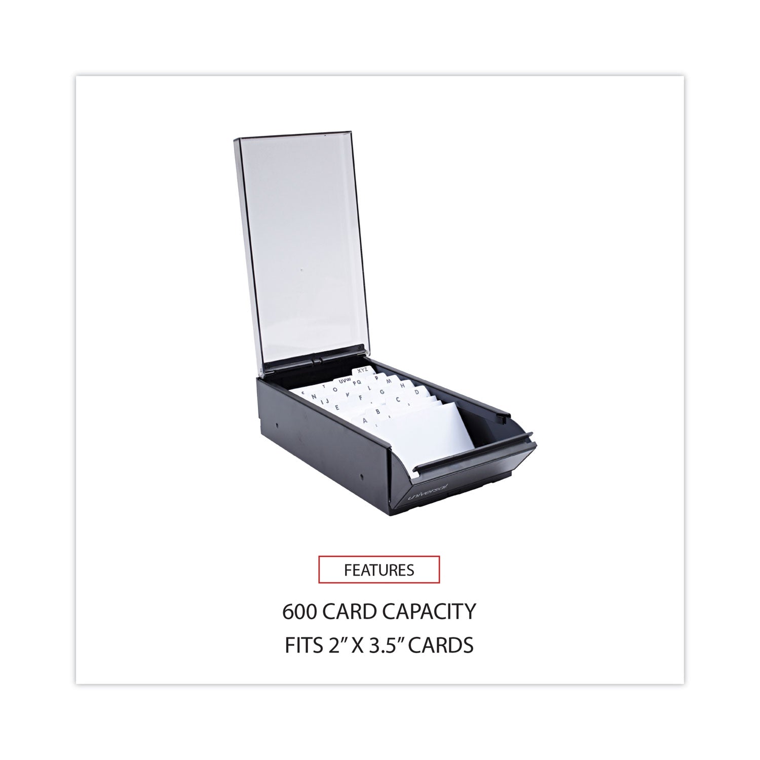 Universal Business Card File, Holds 600 2 x 3.5 Cards, 4.25 x 8.25 x 2.5, Metal/Plastic, Black (10601)