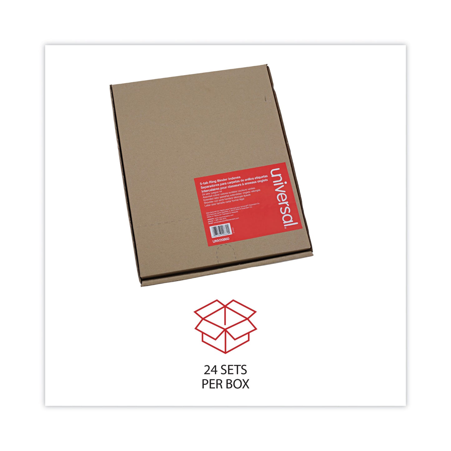 Universal Deluxe Extended Insertable Tab Indexes, 5-Tab, 11 x 8.5, Buff, Assorted tabs, 24 Sets (20860)