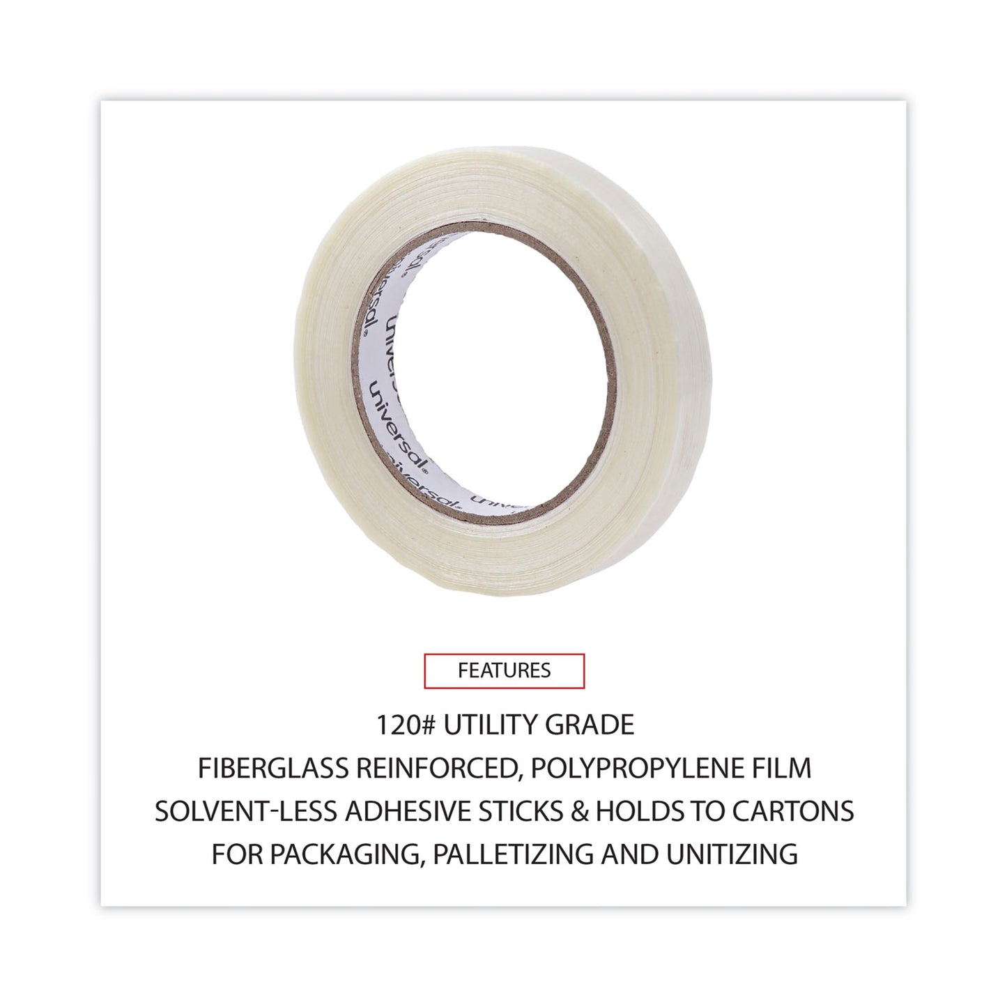 Universal 120# Utility Grade Filament Tape, 3" Core, 18 mm x 54.8 m, Clear (30018)