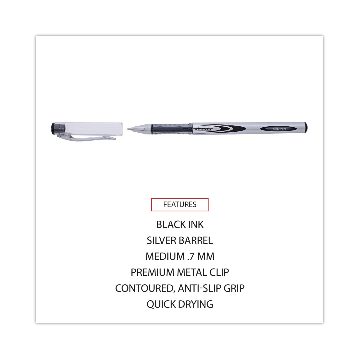 Universal Gel Pen, Stick, Medium 0.7 mm, Black Ink, Silver/Black Barrel, Dozen (39620)