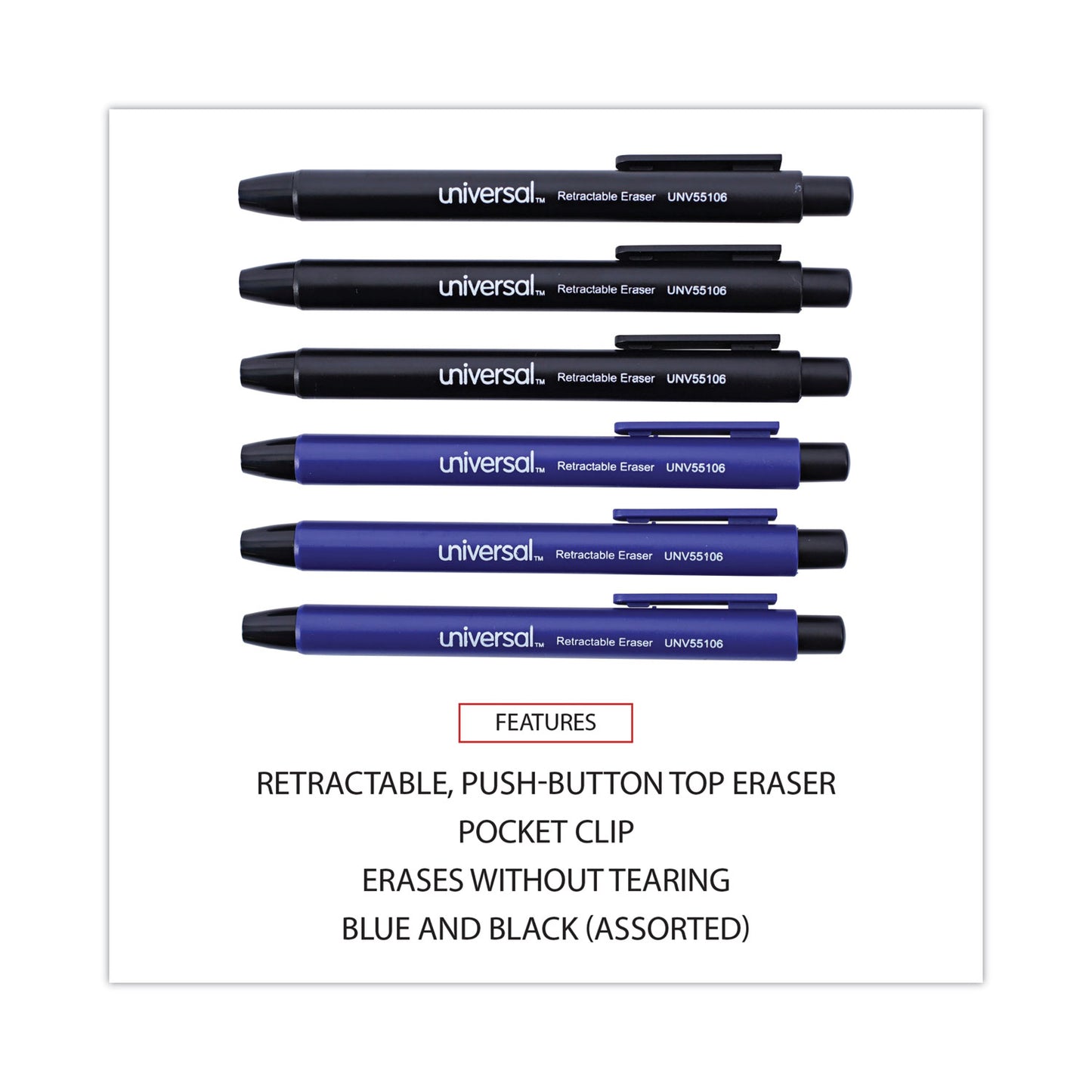 Universal Pen-Style Retractable Eraser, For Pencil Marks, White Eraser, Assorted Barrel Colors, 6/Pack (55106)