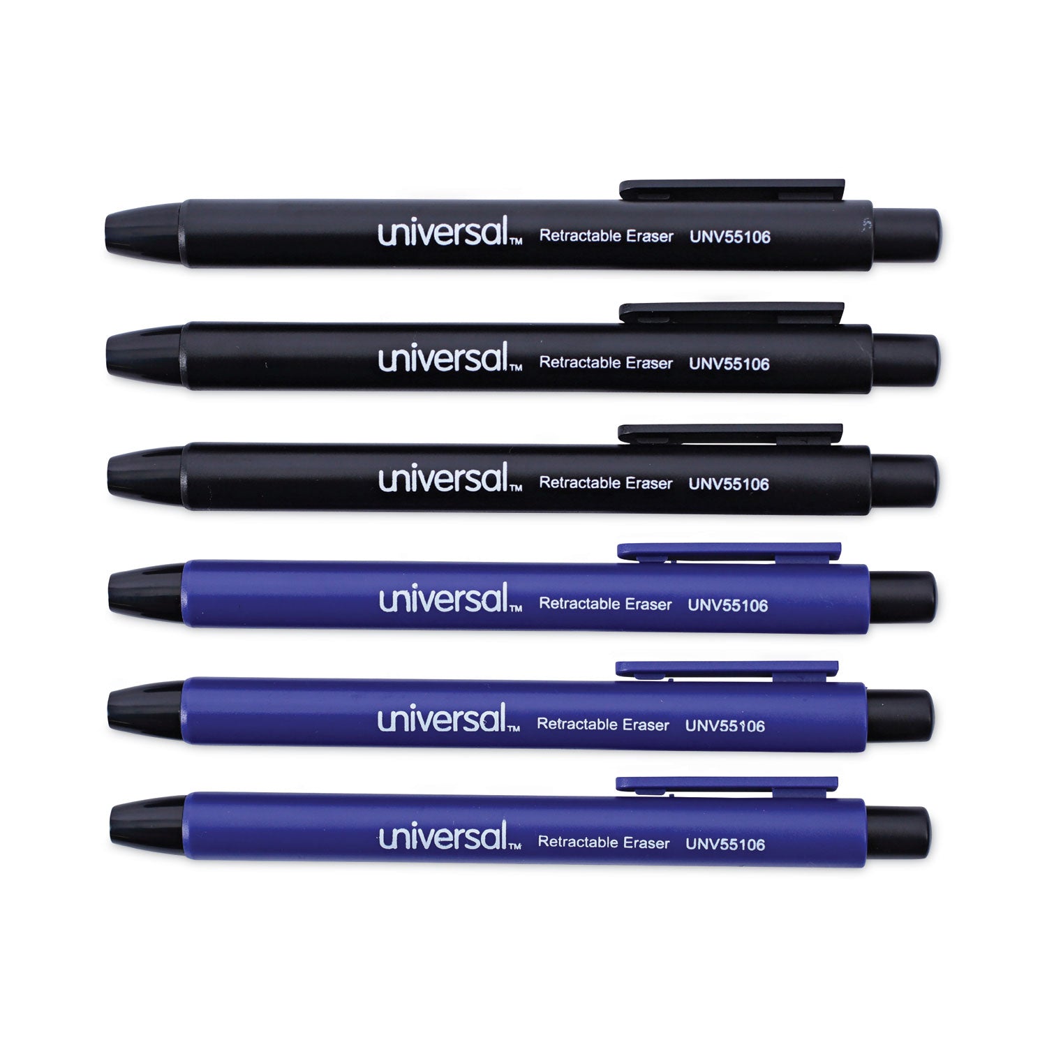 Universal Pen-Style Retractable Eraser, For Pencil Marks, White Eraser, Assorted Barrel Colors, 6/Pack (55106)