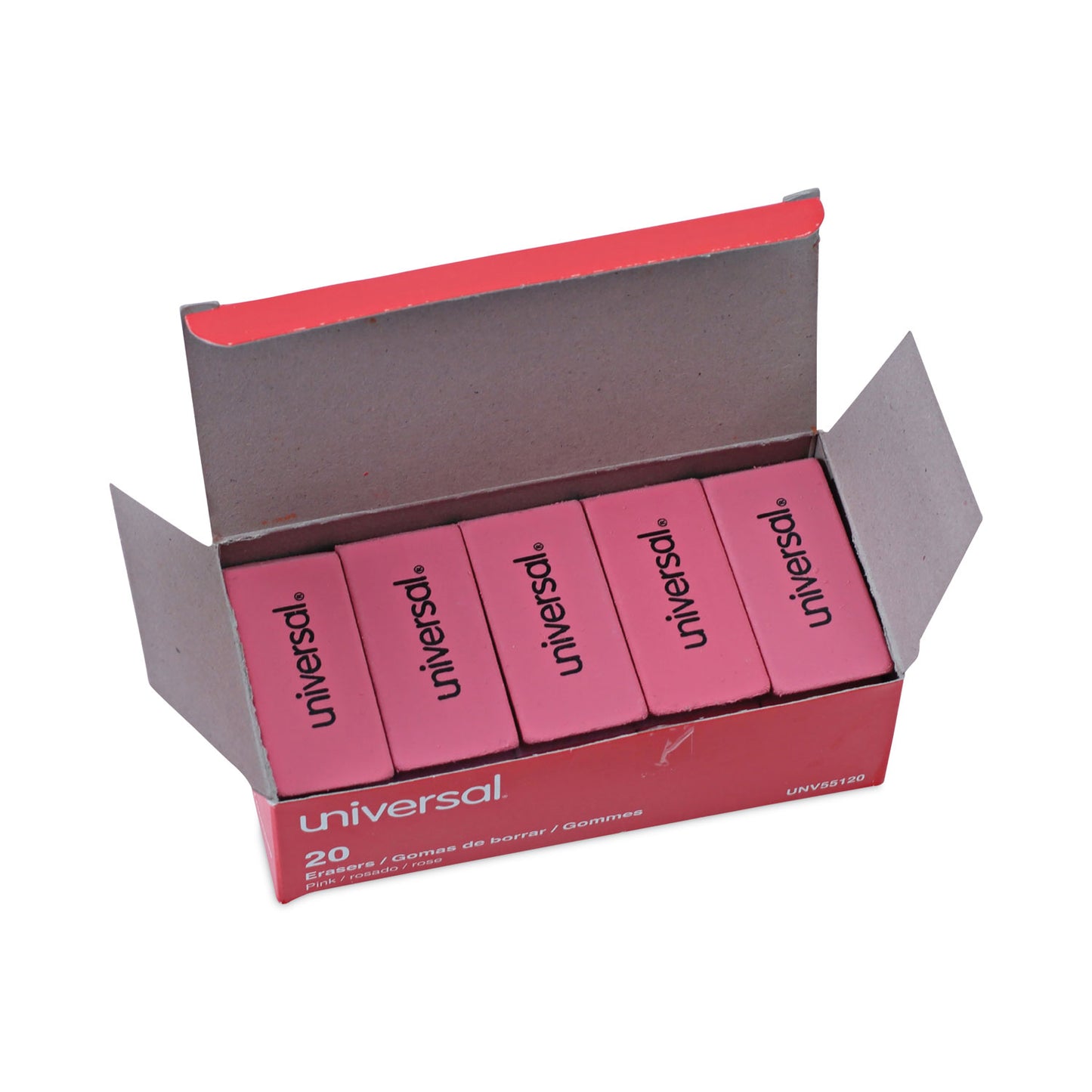 Universal Bevel Block Erasers, For Pencil Marks, Slanted-Edge Rectangular Block, Large, Pink, 20/Pack (55120)