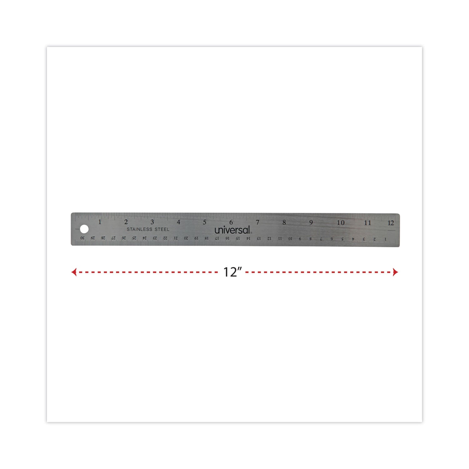 Universal Stainless Steel Ruler with Cork Back and Hanging Hole, Standard/Metric, 12" Long (59023)