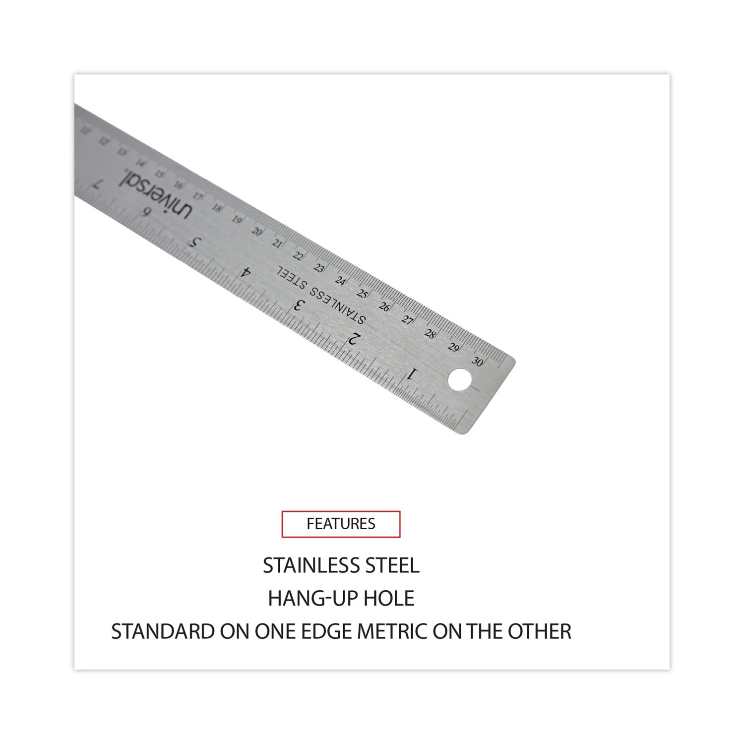 Universal Stainless Steel Ruler with Cork Back and Hanging Hole, Standard/Metric, 12" Long (59023)