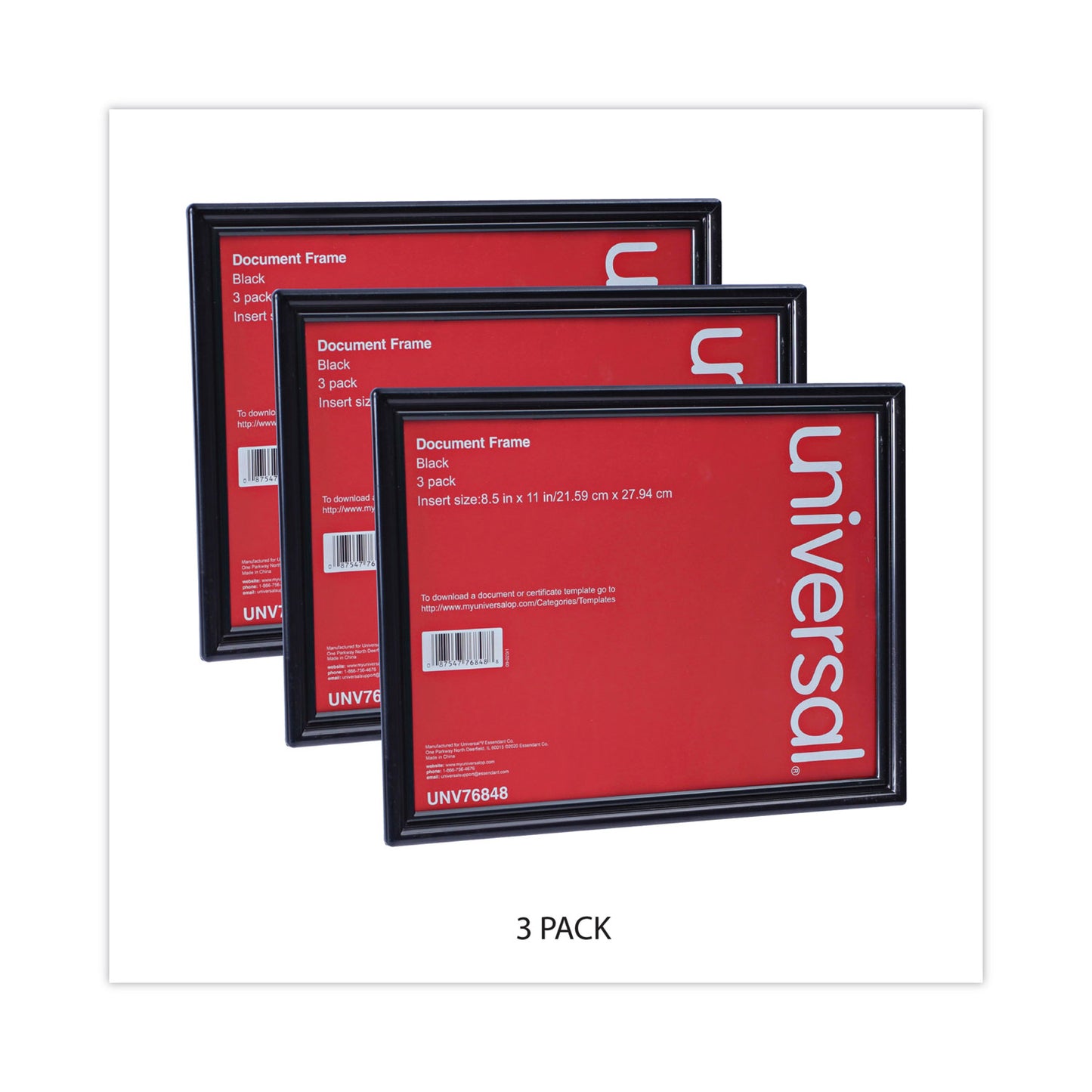 Universal All Purpose Document Frame, 8.5 x 11 Insert, Black, 3/Pack (76848)