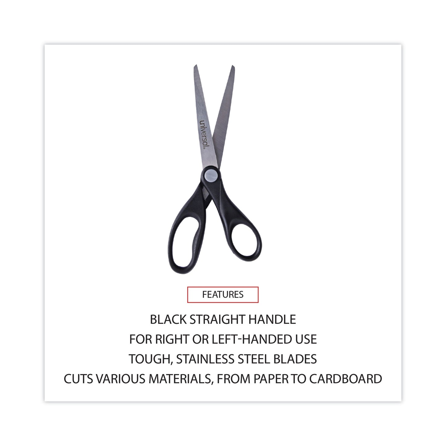 Universal Stainless Steel Office Scissors, 7" Long, 3" Cut Length, Straight Black Handle (92008)