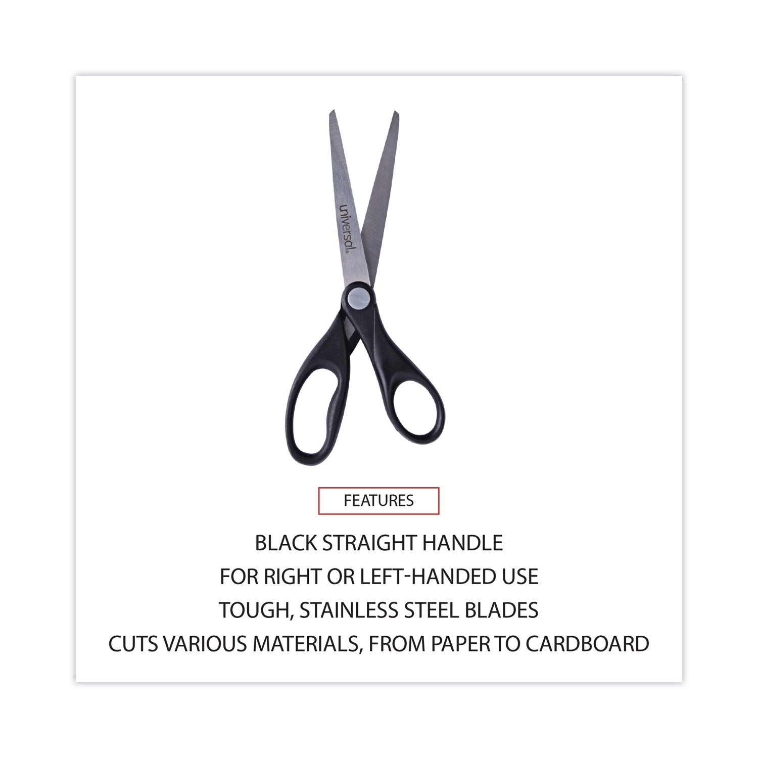 Universal Stainless Steel Office Scissors, 7" Long, 3" Cut Length, Straight Black Handle (92008)