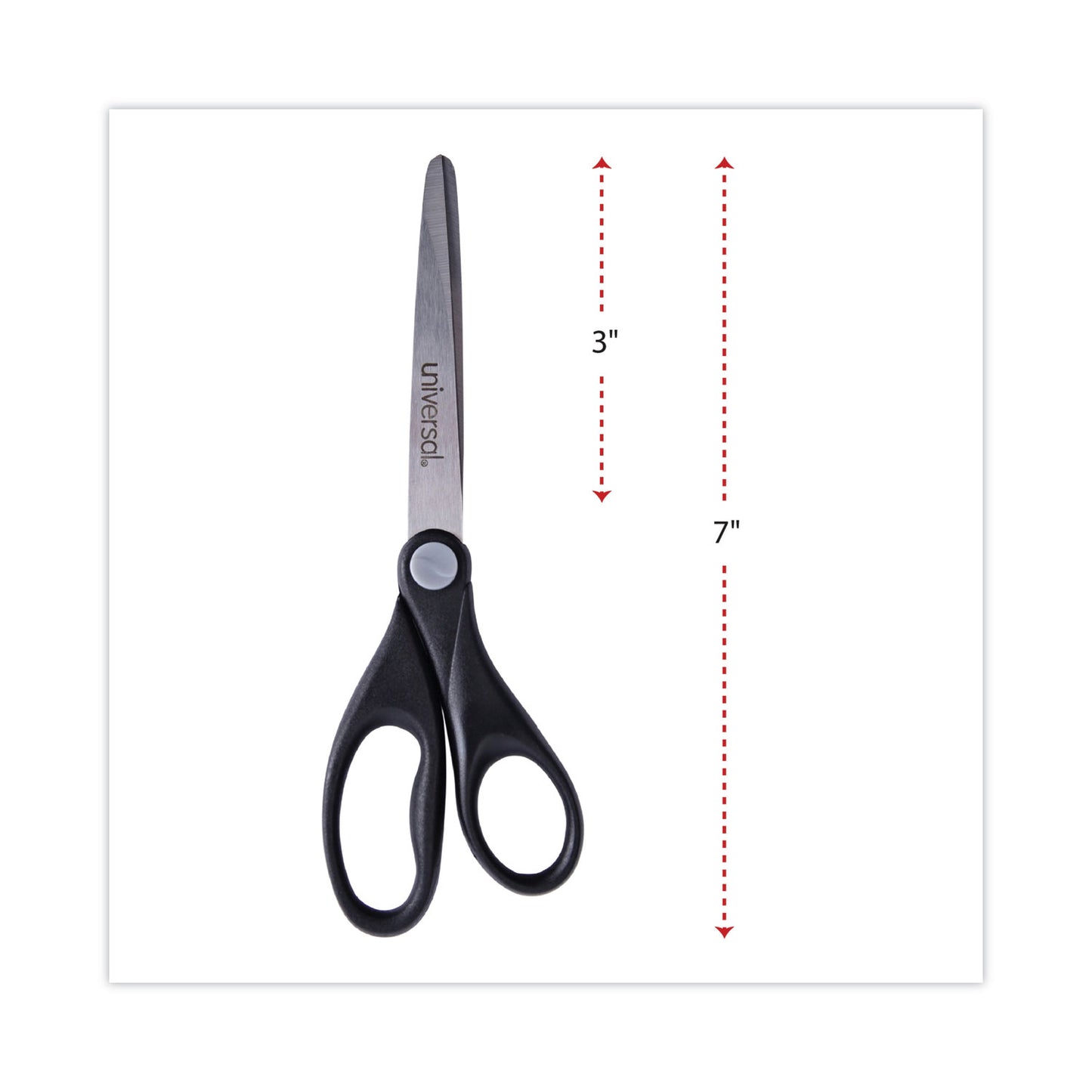 Universal Stainless Steel Office Scissors, 7" Long, 3" Cut Length, Straight Black Handle (92008)