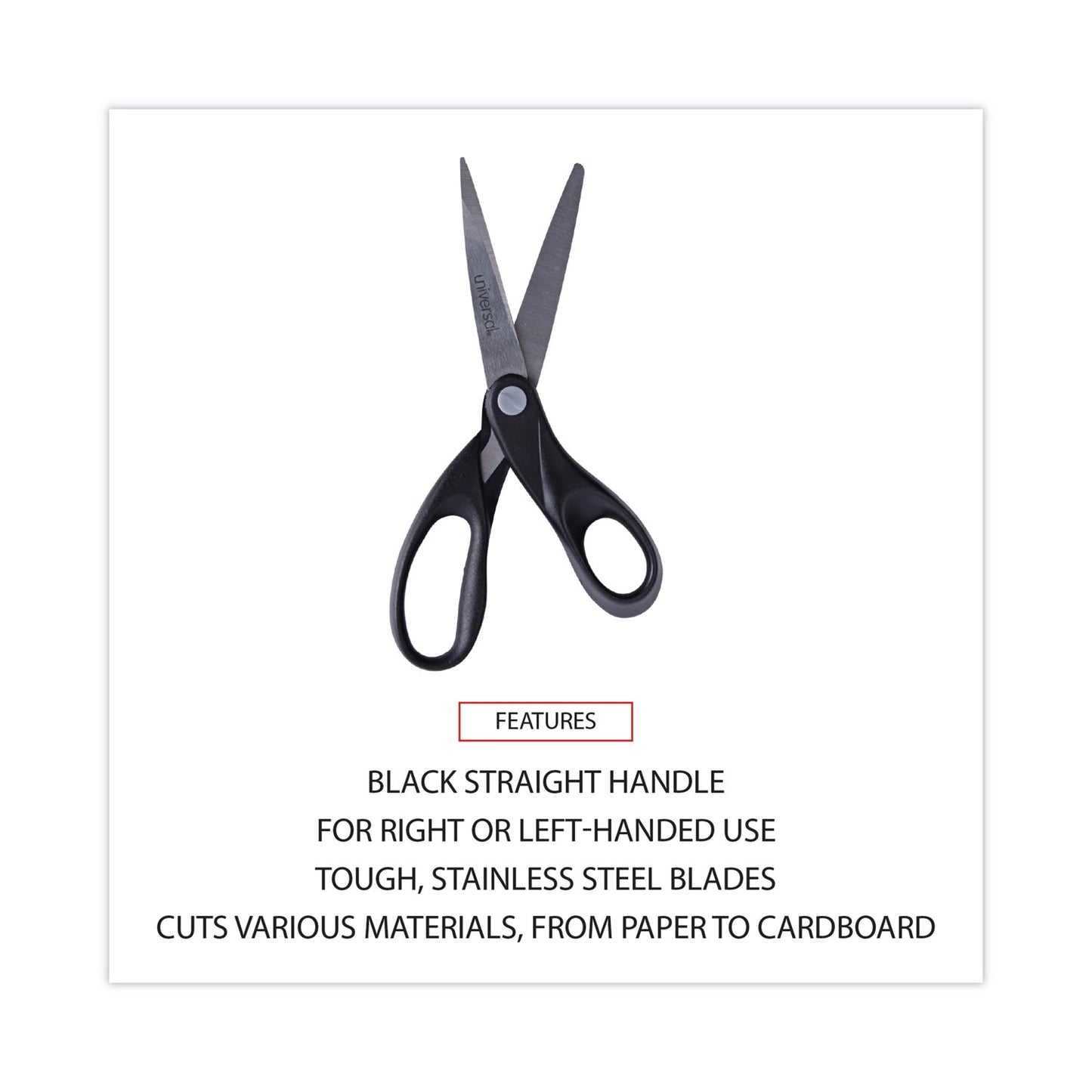 Universal Stainless Steel Office Scissors, 8" Long, 3.75" Cut Length, Straight Black Handle (92009)