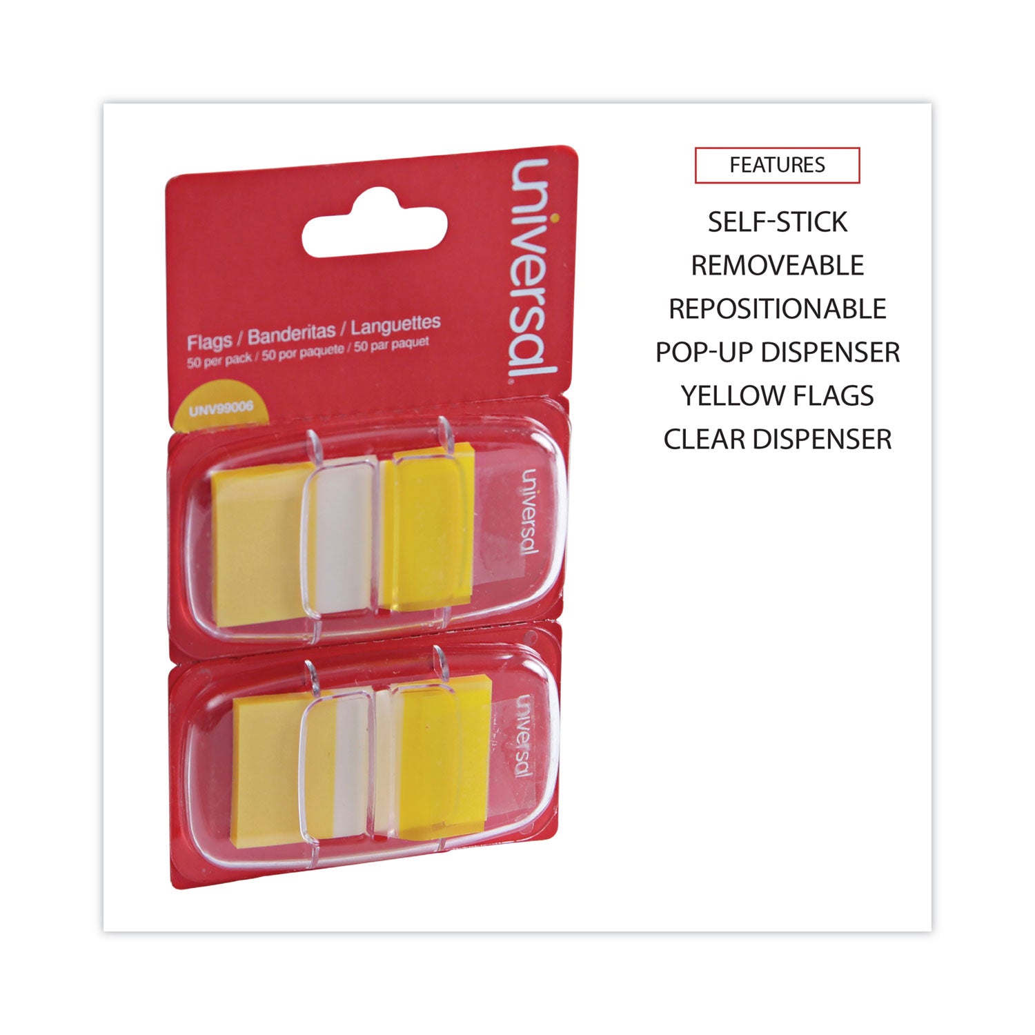 Universal Page Flags, Yellow, 50 Flags/Dispenser, 2 Dispensers/Pack (99006)