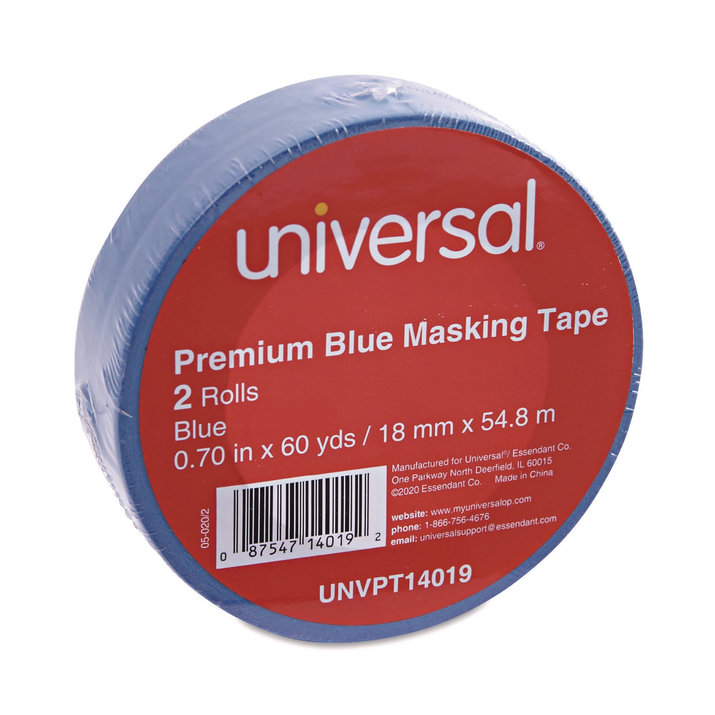 Universal Premium Blue Masking Tape with UV Resistance, 3" Core, 18 mm x 54.8 m, Blue, 2/Pack (PT14019)