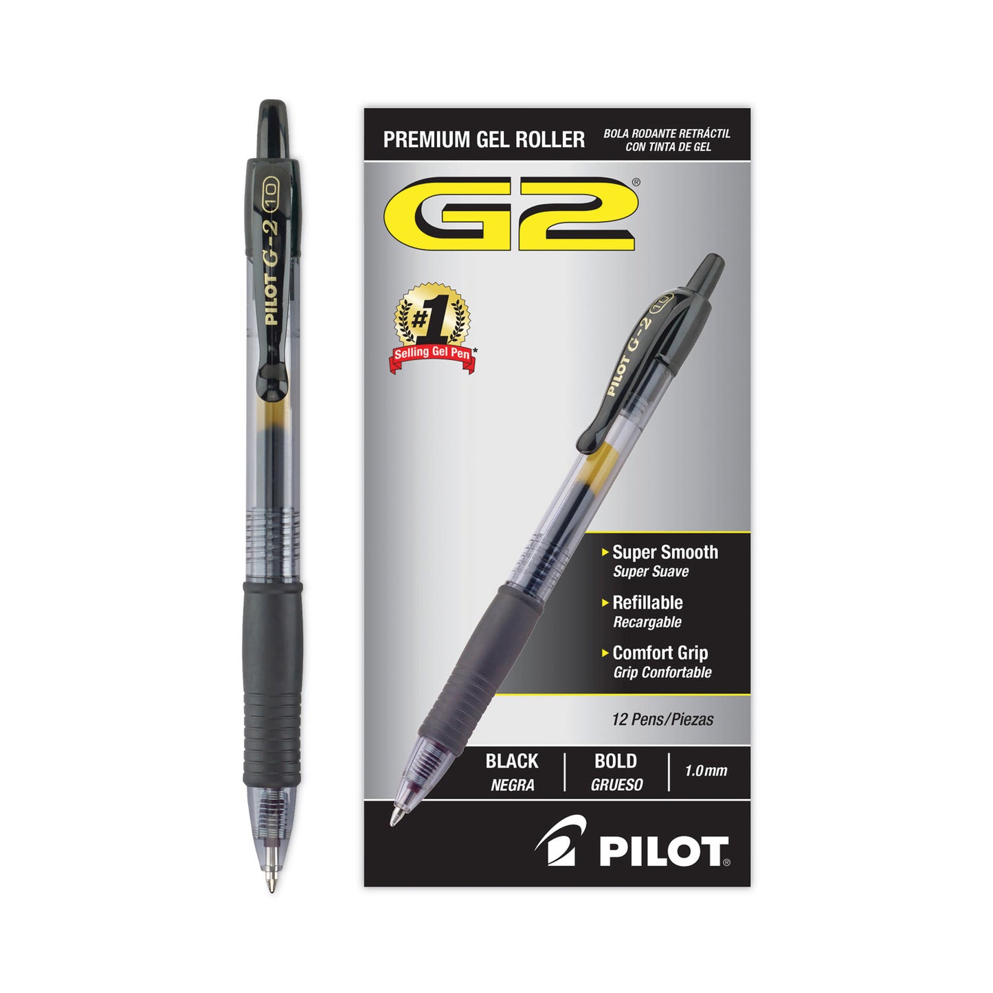 Pilot G2 Premium Gel Pen, Retractable, Bold 1 mm, Black Ink, Smoke/Black Barrel, Dozen (31256)