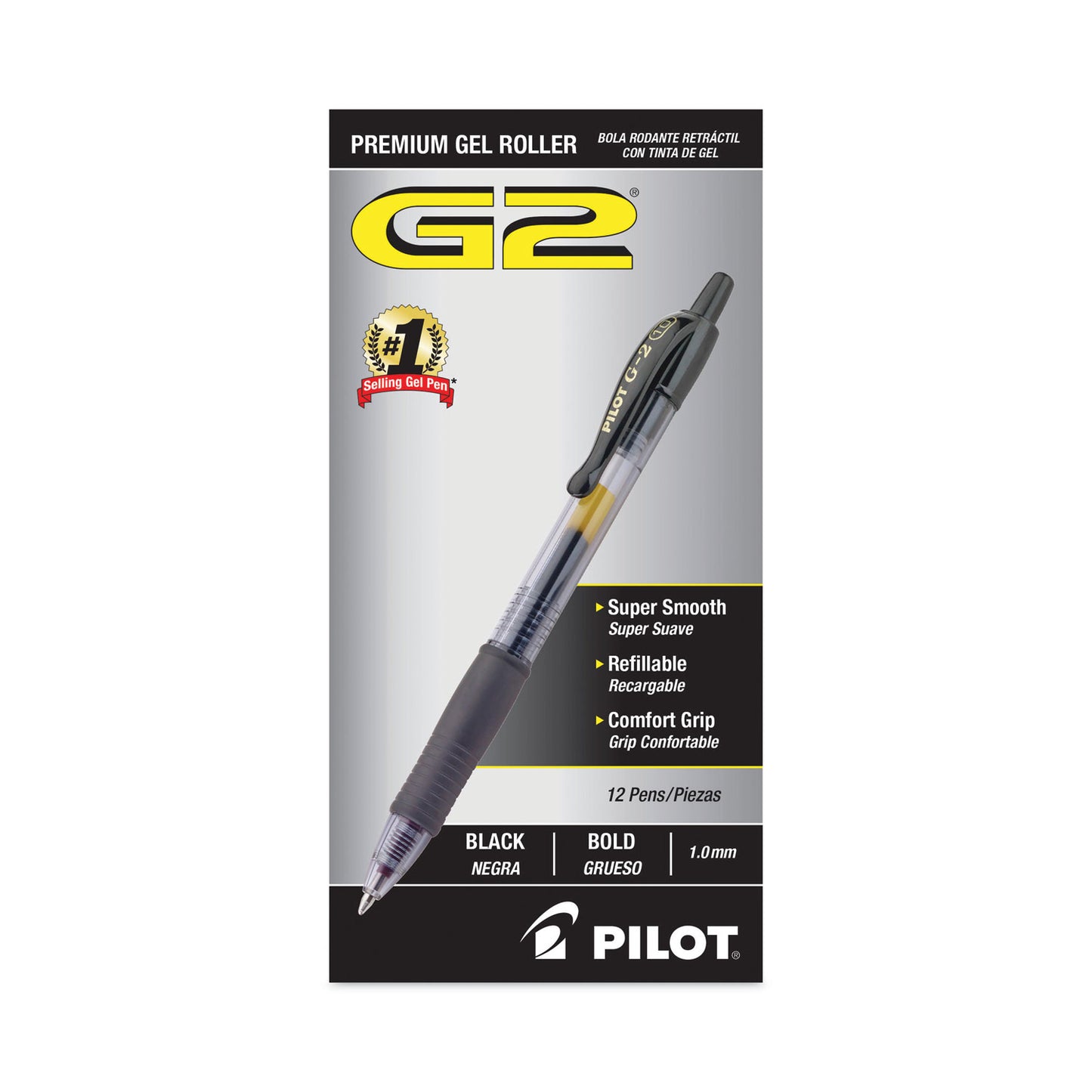 Pilot G2 Premium Gel Pen, Retractable, Bold 1 mm, Black Ink, Smoke/Black Barrel, Dozen (31256)