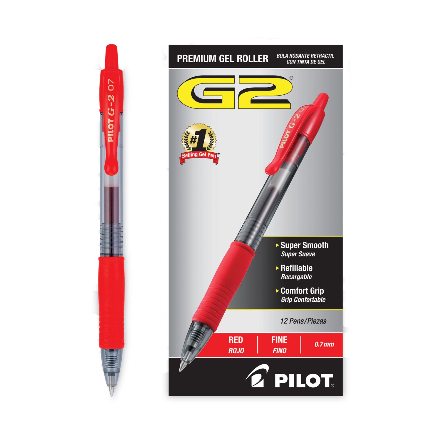 Pilot G2 Premium Gel Pen, Retractable, Fine 0.7 mm, Red Ink, Smoke/Red Barrel, Dozen (31022)