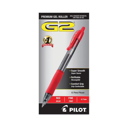 Pilot G2 Premium Gel Pen, Retractable, Fine 0.7 mm, Red Ink, Smoke/Red Barrel, Dozen (31022)