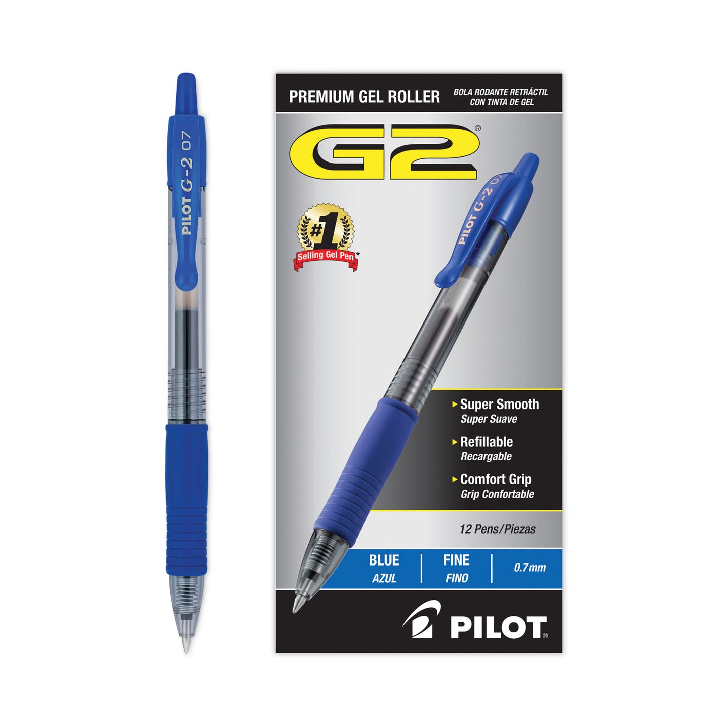 Pilot G2 Premium Gel Pen, Retractable, Fine 0.7 mm, Blue Ink, Smoke/Blue Barrel, 12/Pack (31021)